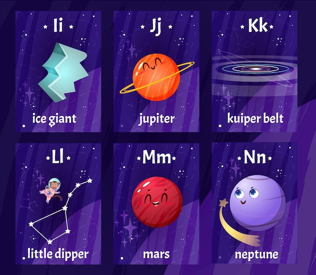 Vecteur gratuit flashcards alphabet plat avec des mots de lettres de i à n pour l'éducation des enfants