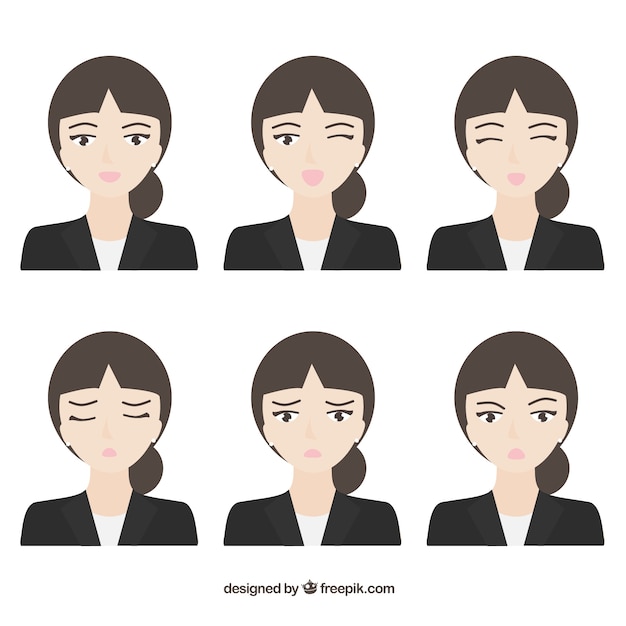 Vecteur gratuit flat caractères affaires avec six expressions faciales