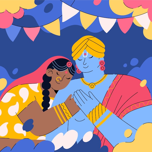 Vecteur gratuit flat radha et illustration de krishna pour la célébration du festival de holi.