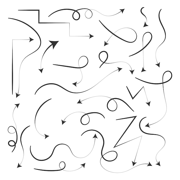 Flèche dessinée à la main, direction de forme différente, ligne noire définie, chemin de courbe de croquis de sélection