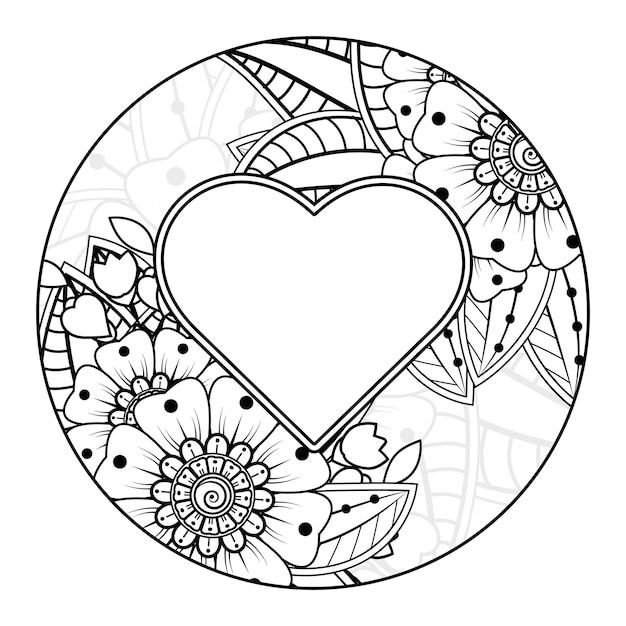 Fleur De Mehndi Avec Cadre En Forme De Coeur Décoration En Ornement De Doodle Oriental Ethnique Vecteur Premium