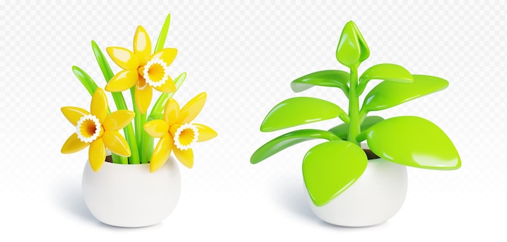 Vecteur gratuit fleur de narcisse et pousse verte dans des pots en céramique