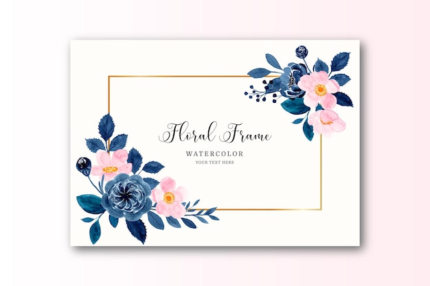 Fleur rose bleu aquarelle avec cadre doré