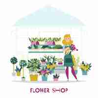 Vecteur gratuit fleuriste vendeur fleurs boutique composition avec vue sur kiosque avec des fleurs sur des étagères et personnage féminin