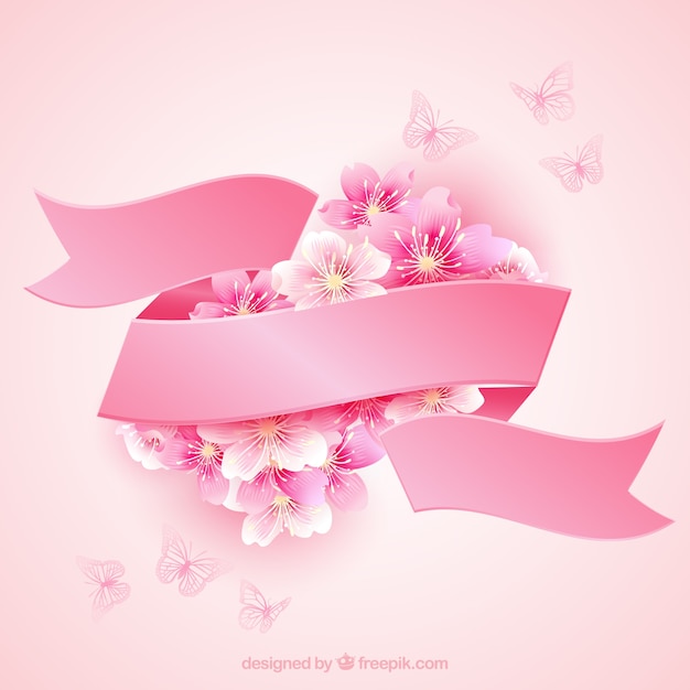Fleurs de cerisier avec un ruban rose
