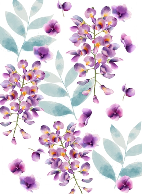 Vecteur gratuit fleurs lilas aquarelle et motif de feuilles vertes