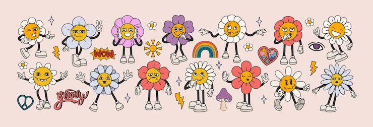 Vecteur gratuit des fleurs de marguerite rétro et groovy font face à de mignons personnages de camomille avec différentes émotions, gestes et postures.