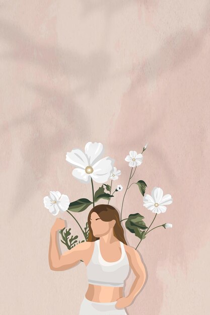 Flexion des muscles frontière vecteur fond avec illustration de femme yoga floral