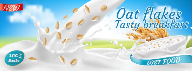 Flocons D'avoine Réalistes Dans Le Lait, Paquet. Grains Roulés Dans Un Bol Blanc Avec éclaboussures