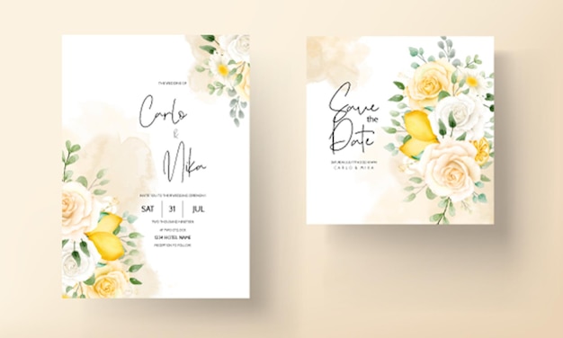 Vecteur gratuit floral aquarelle d'été avec carte de mariage botanique citron fruit