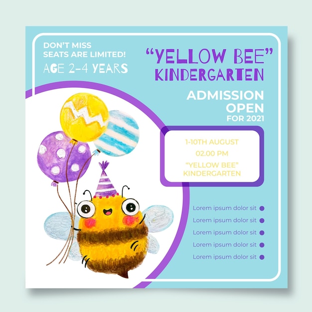 Vecteur gratuit flyer carré de maternelle abeille jaune