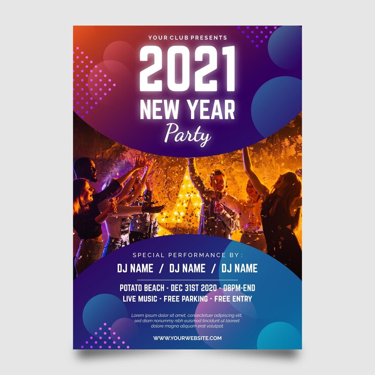 Vecteur gratuit flyer de fête du nouvel an 2021 avec photo