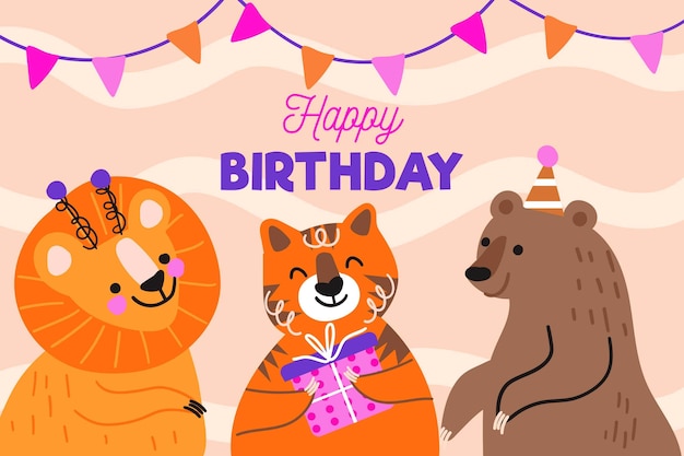 Vecteur gratuit fond d'anniversaire dessiné à la main avec des animaux