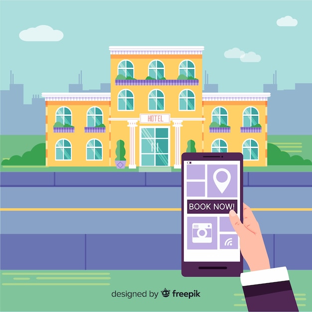 Vecteur gratuit fond d'application de réservation d'hôtel plat