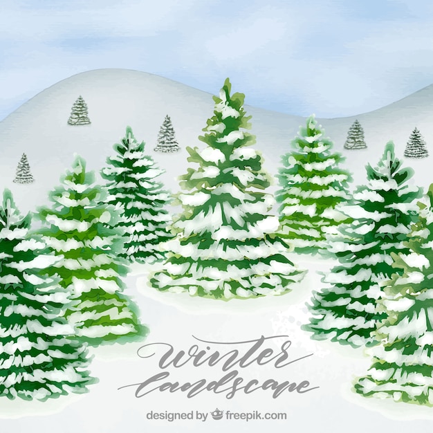 Vecteur gratuit fond aquarelle d'hiver avec une forêt