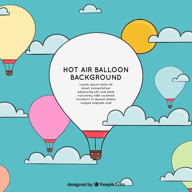 Vecteur gratuit fond de ballons à air chaud avec un ciel dans le style dessiné à la main