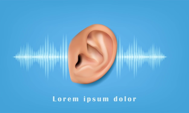Fond de bannière de test auditif. Icône vectorielle 3d réaliste de l'oreille humaine.