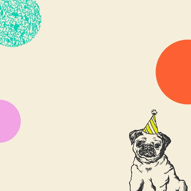 Vecteur gratuit fond beige d'anniversaire mignon avec le chien de pug de cru dans le chapeau de cône de partie