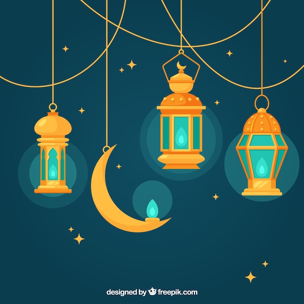 Fond Bleu Avec Lampes Plates Et Lune Pour Ramadan