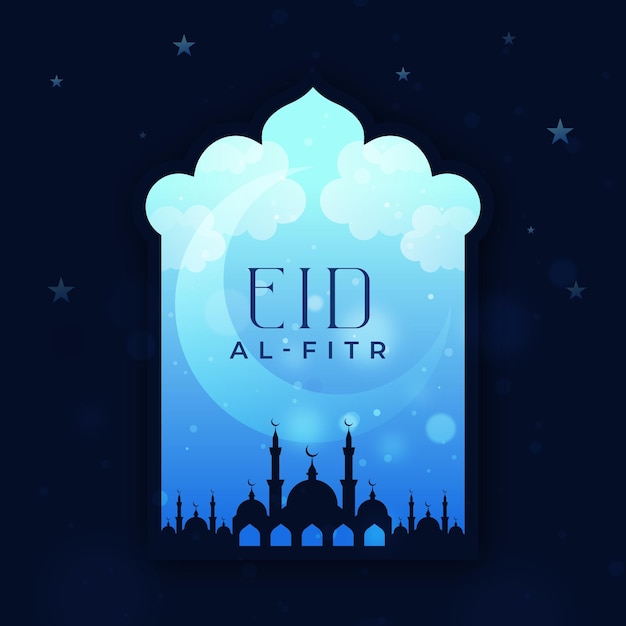 Vecteur gratuit fond bleu avec une mosquée et les mots eid al fitr.