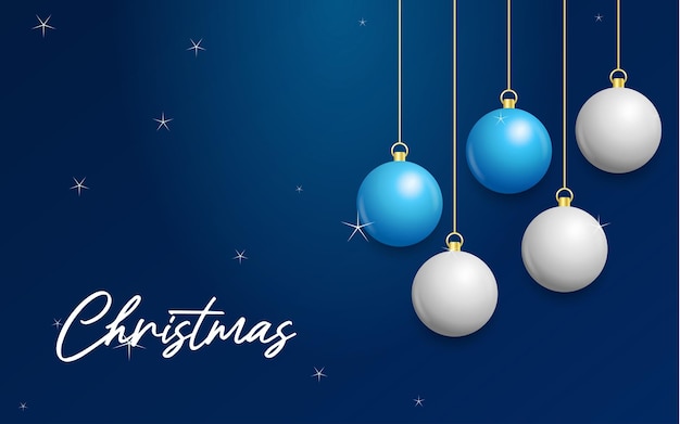 Vecteur gratuit fond bleu de noël avec des boules blanches et argentées brillantes suspendues carte de voeux joyeux noël illustration vectorielle