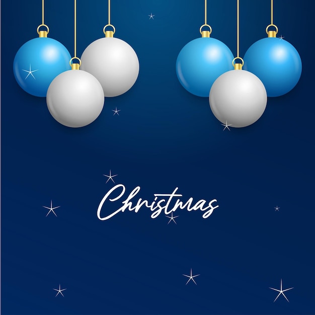 Vecteur gratuit fond bleu de noël avec des boules blanches et argentées brillantes suspendues carte de voeux joyeux noël illustration vectorielle