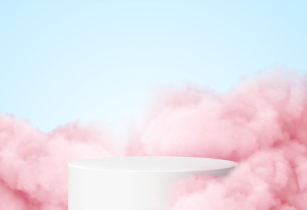 Fond Bleu Avec Un Podium Produit Entouré De Nuages Roses.