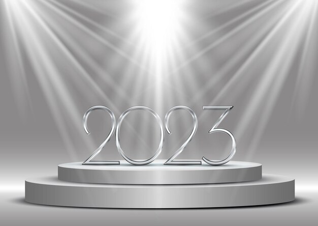 Fond de bonne année avec des chiffres sous les projecteurs sur un podium