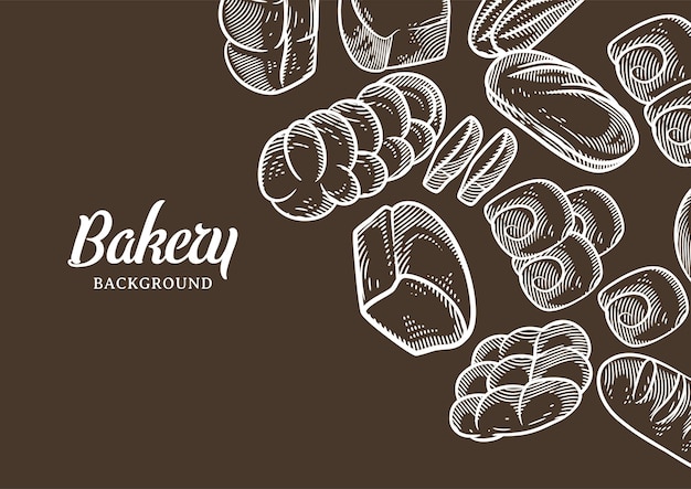 Fond de boulangerie vintage avec illustration vectorielle de pain esquissé. menu boulangerie ou fournil