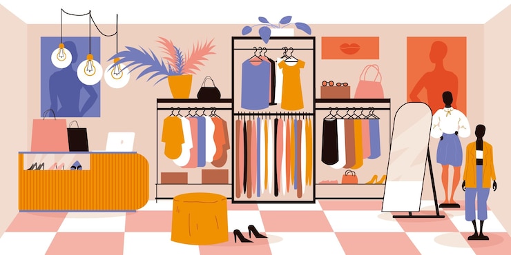 Vecteur gratuit fond de boutique de vêtements à la mode avec symboles de mode femme illustration vectorielle plane