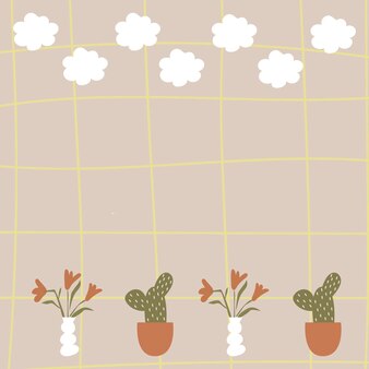 Fond de cadre de grille mignon, plante doodle dans le vecteur de conception de ton terre