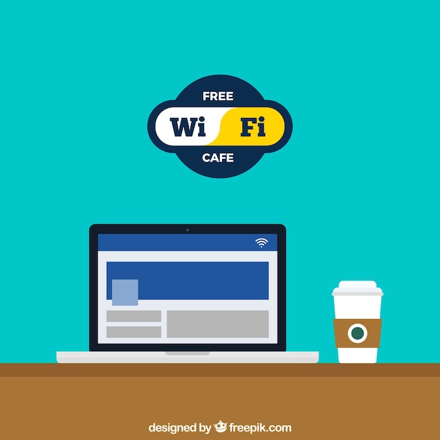 Vecteur gratuit fond de café avec wifi dans un design plat