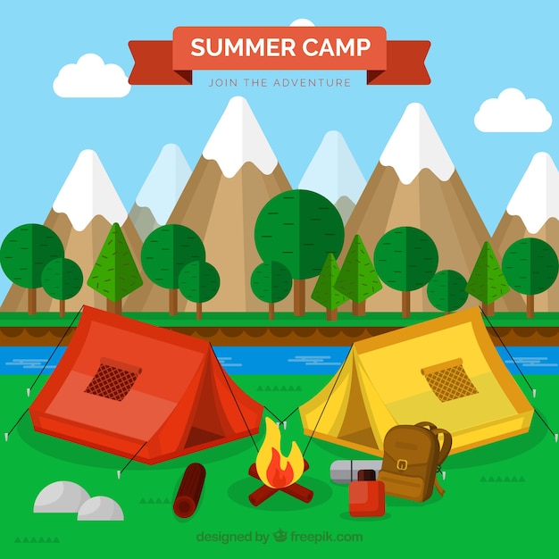 Fond De Camp D'été Avec Des Tentes Et Un Feu De Camp