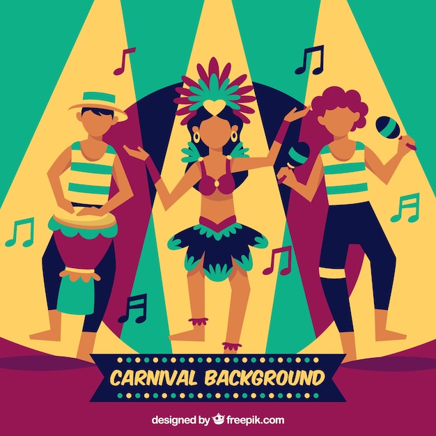 Vecteur gratuit fond de carnaval avec trois personnes dansantes