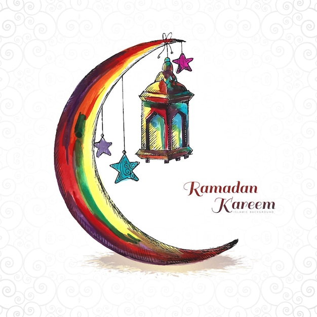 Vecteur gratuit fond de carte de voeux de lune aquarelle islamique ramadan kareem