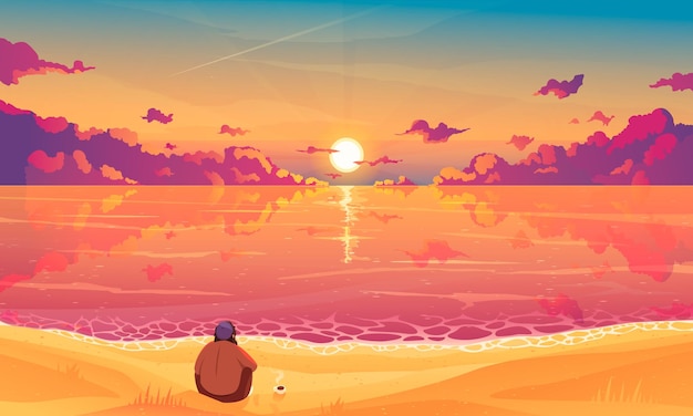 Vecteur gratuit fond de ciel coucher de soleil avec illustration vectorielle plane mer et plage