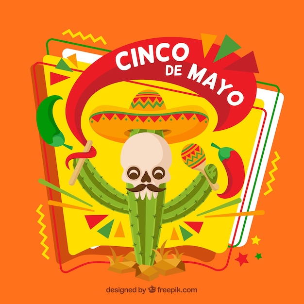 Vecteur gratuit fond de cinco de mayo avec cactus et crâne