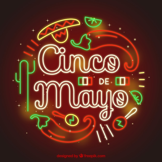 Vecteur gratuit fond de cinco de mayo avec lettrage lumineux