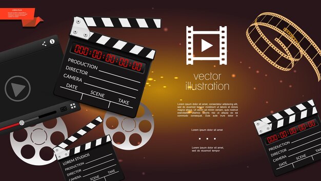 Fond clair de cinéma réaliste avec clap, bande de film et illustration de bobines