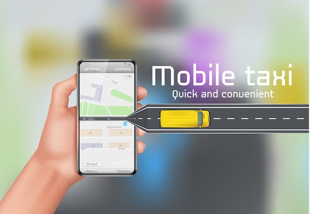 Fond de concept de taxi mobile. Main humaine sur smartphone avec plan de la ville