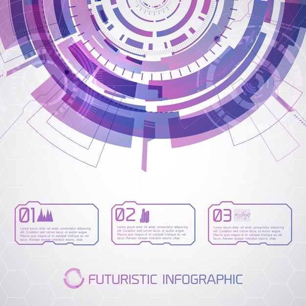 Vecteur gratuit fond conceptuel de technologie virtuelle moderne avec demi-cercle rond futuriste et sélecteur tactile de scène avec texte et pictogrammes