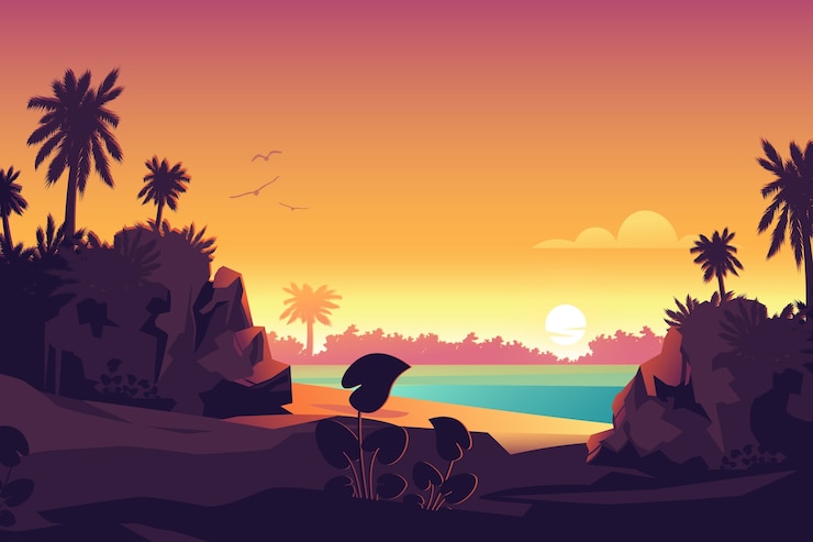Vecteur gratuit fond de coucher de soleil tropical dessiné à la main