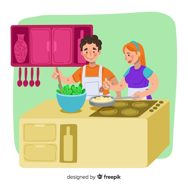 Vecteur gratuit fond de cuisine couple dessiné à la main