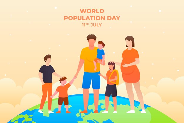 Vecteur gratuit fond dégradé de la journée mondiale de la population avec la famille et la planète