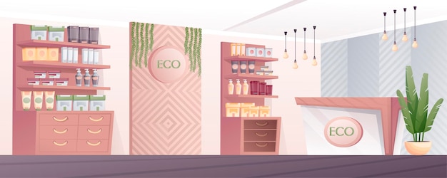 Vecteur gratuit fond de design d'intérieur de magasin eco zéro déchet chambre avec comptoir produits cosmétiques sur étagères tiroirs usine magasin écologique