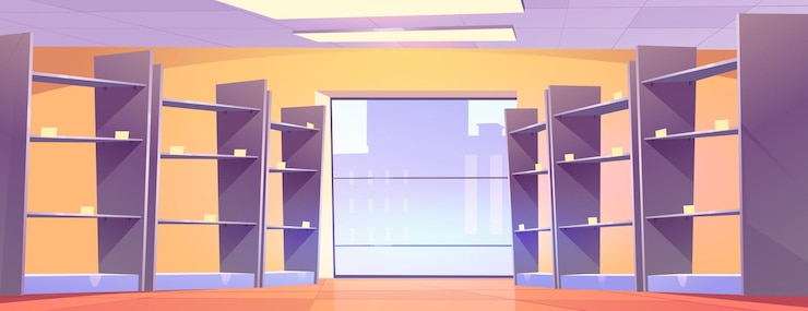Vecteur gratuit fond de dessin animé d'étagère d'allée de supermarché vide