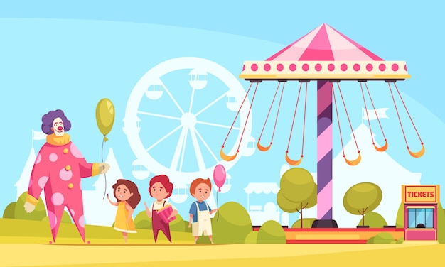 Vecteur gratuit fond de dessin animé de parc d'attractions avec clown distribuant des ballons à air chaud aux enfants près de l'illustration du carrousel