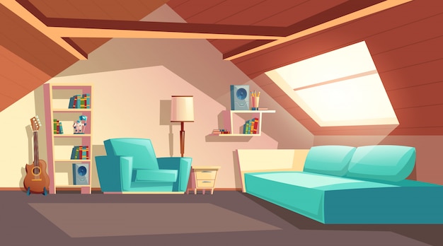 Vecteur gratuit fond de dessin animé avec salle vide, mezzanine moderne sous un toit en bois