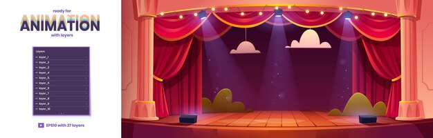 Fond de dessin animé de scène de théâtre pour l'animation de jeu avec des couches séparées 2d Décoration de rideaux rouges et projecteurs à l'intérieur du théâtre avec scène en bois Parallax slidescroll Illustration vectorielle