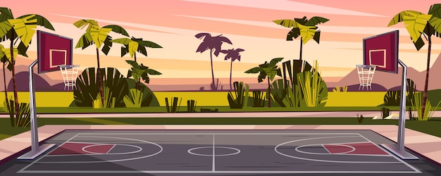 Vecteur gratuit fond de dessin animé de terrain de basket sur la rue. arène de sport en plein air avec des paniers pour le jeu.